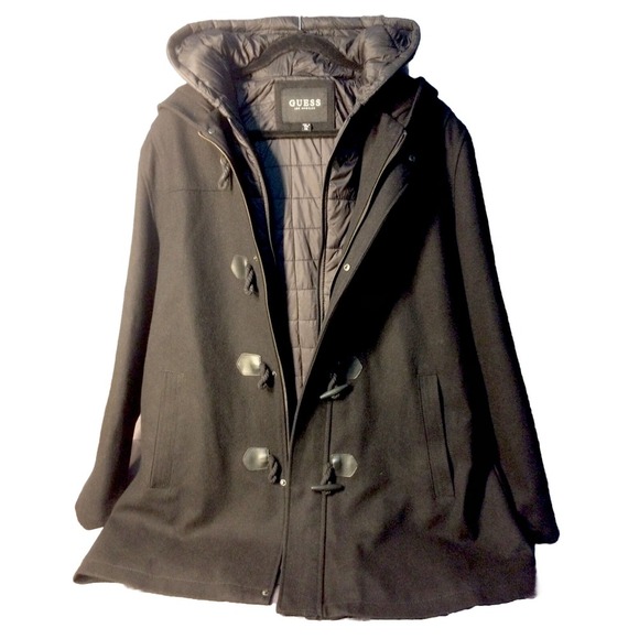 Guess Wool Jacket Men's 2XL Black Toggle Button removable bib/hood liner